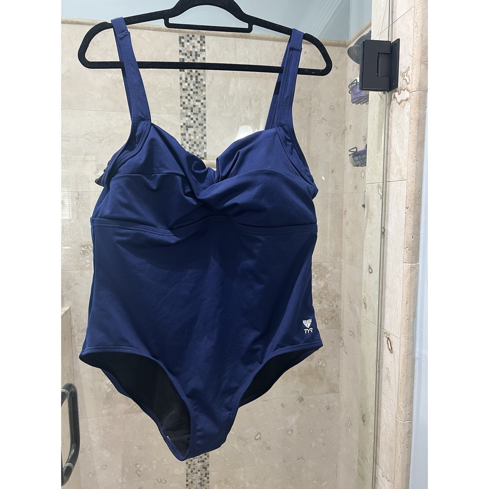 TYR Womens One Piece Swimsuit 20W Blue Stretchy Twist Front Tank Padded Support